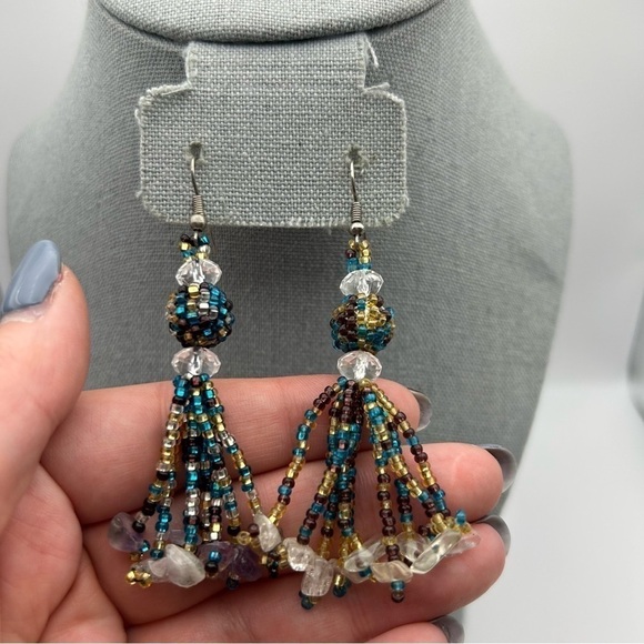 Blue Purple and Gold Seed Beaded Large Tassel Dangle Earrings - Picture 4 of 7